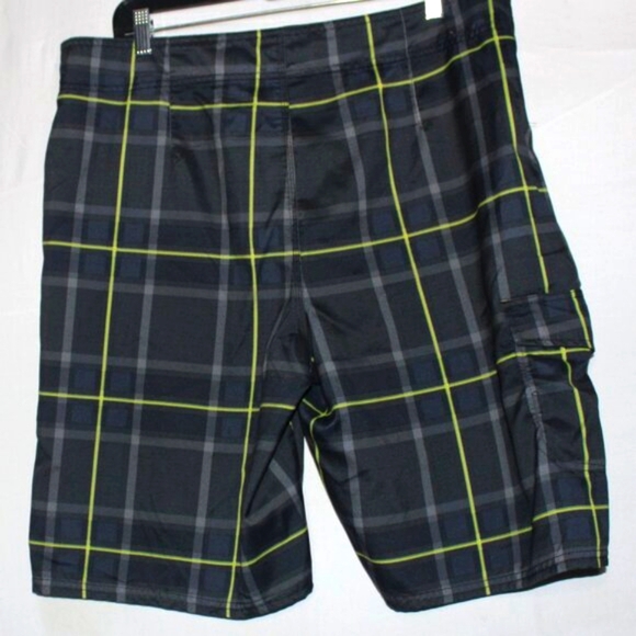 90s Retro Men's Plaid Board Shorts S-36 – Black & Neon Yellow, Cargo Pocket, D - Picture 2 of 6